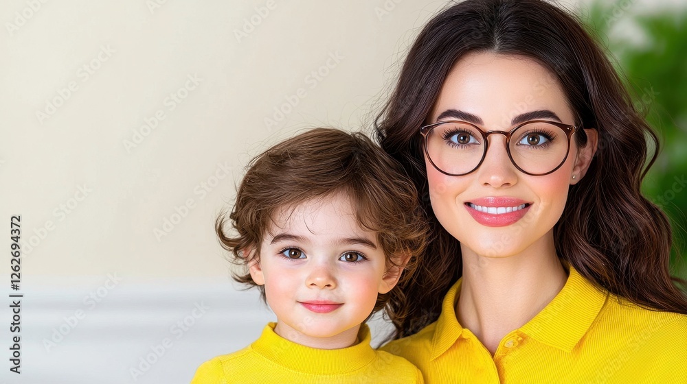 Mother and Child Smiling Together in Matching Yellow Outfits with Warm Background Mother and Child Smiling Together in Matching Yellow Outfits with Warm Background