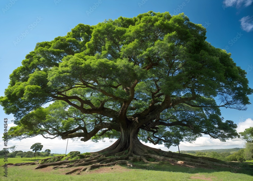 Fototapeta premium a majestic old tree with sprawling branches and exposed roots. The tree stands tall against a bright blue sky and a vibrant green field. The sun shines brightly.