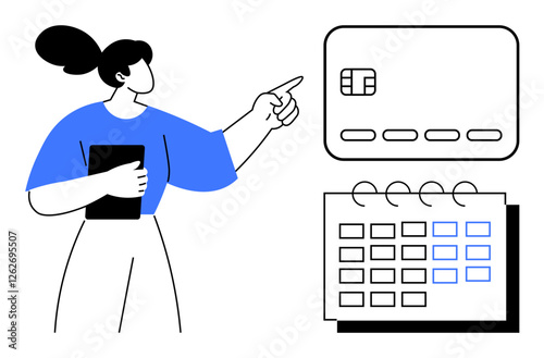 Woman pointing at a credit card while holding a tablet, with a calendar visible. Ideal for financial management, scheduling, personal finance, budgeting, payment tracking, time management