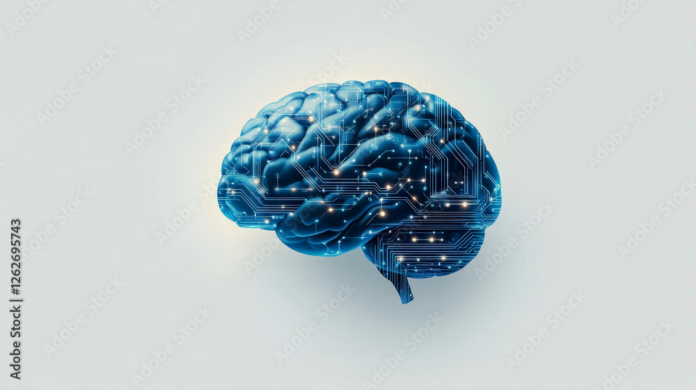 Futuristic AI brain illustration showcasing advanced technology and innovation in artificial intelligence and neural networks development. Enhance knowledge.