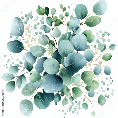 Springwatercolor bouquet of leaves and an eucalyptus branch, designed for wedding or greeting cards. This hand-painted illustration, with its realistic eucalyptus, is set against a transparent