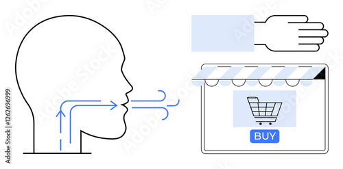 Human head blowing arrows towards shopping cart on computer monitor with buy button. Ideal for e-commerce, digital marketing, customer engagement, online purchasing, user interaction, sales