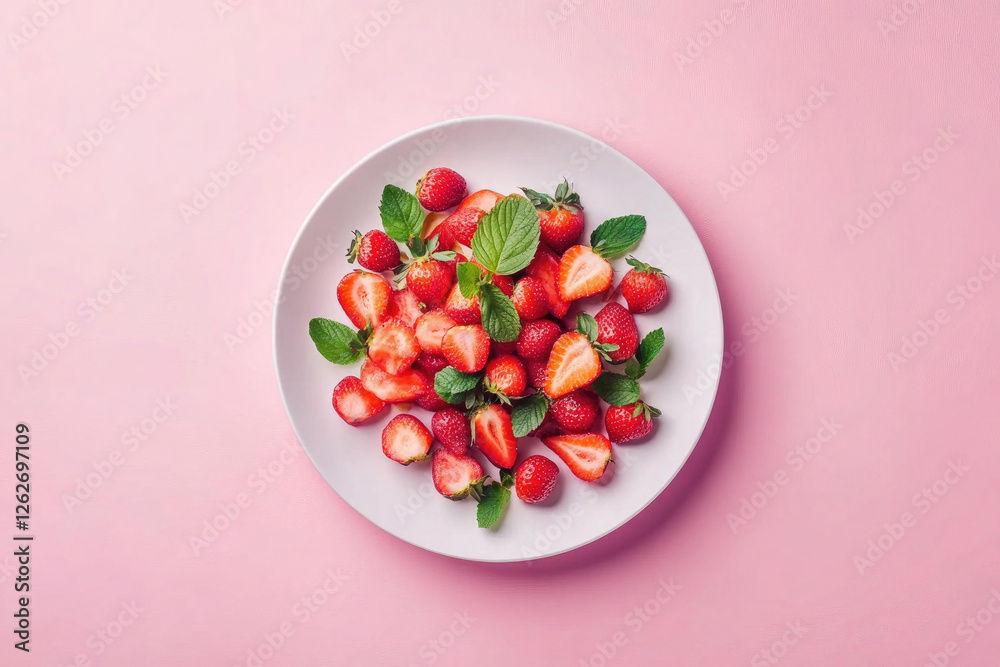 A Delicious Plate of Fresh Strawberries and Mint on a Pink Background