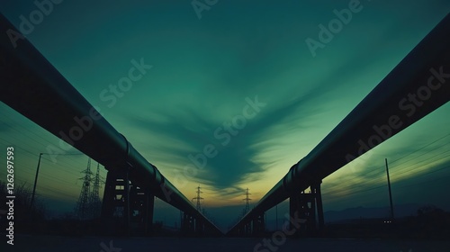 Industrial gas pipeline silhouettes leading toward the horizon with a rich green industrial sky photo