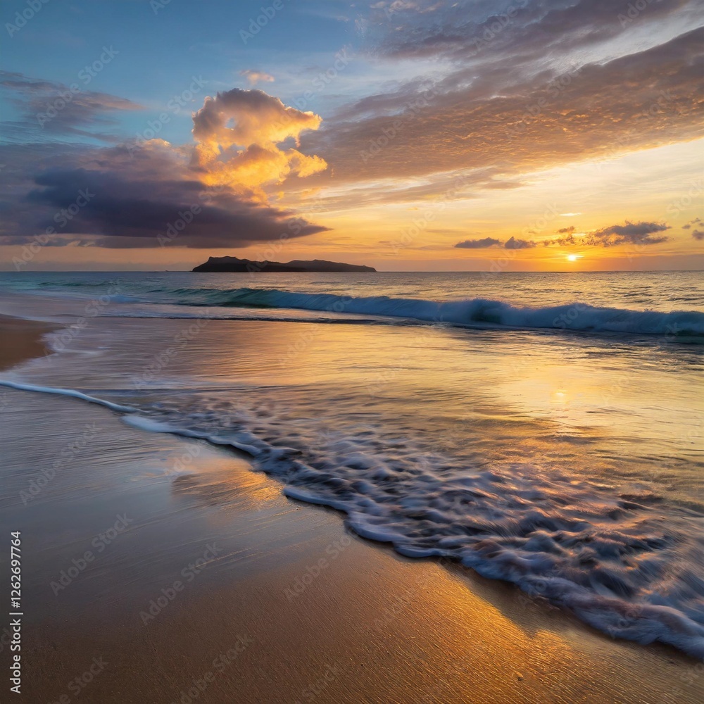 A serene beach at sunset with golden sand, gentle waves, and a colorful sky reflecting on the water, creating a peaceful atmosphere. A serene beach at sunset with golden sand, gentle waves, and a colorful sky reflecting on the water, creating a peaceful atmosphere.