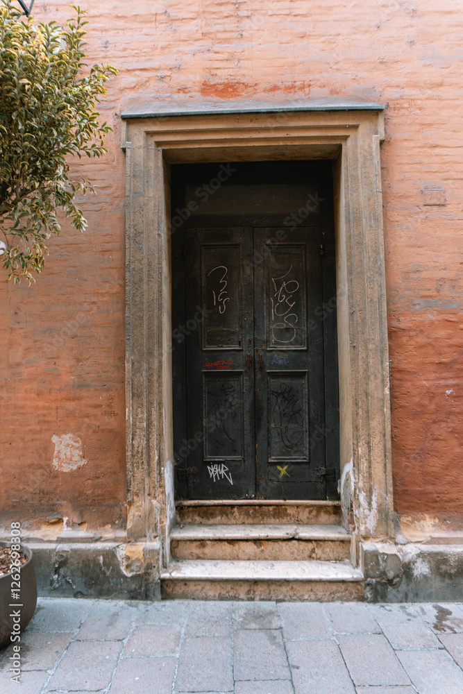 Antique door in a stone wall with plans Antique door in a stone wall with plans