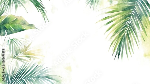 Tropical palm leaves watercolor border, blank space, design