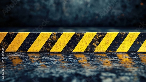 Yellow and black striped caution line marking on a road surface for safety and warning purposes