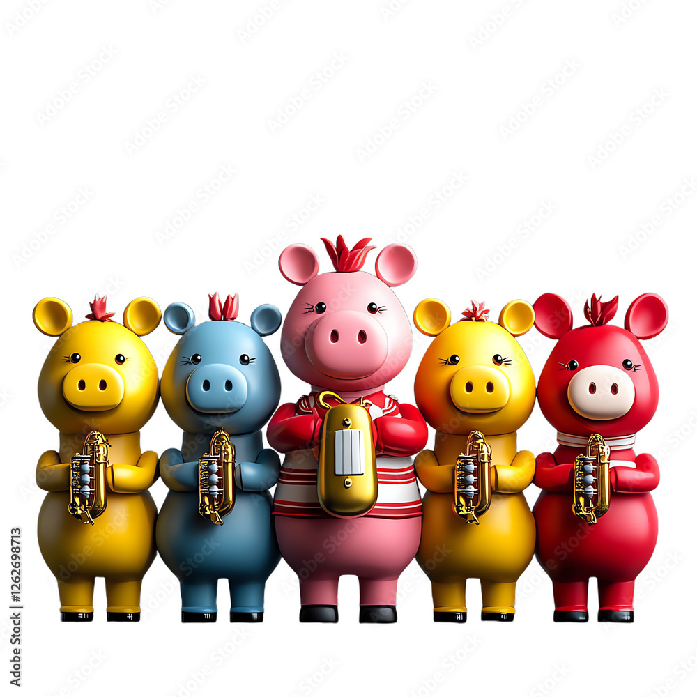 Naklejka premium 3D cartoon farm animals forming band, each with musical instrument, showcasing vibrant colors and playful expressions, creating joyful atmosphere