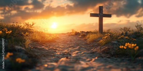 Illustration of a cross on a nature path with sunlight in the background. A symbolic representation of Christianity, faith, spirituality, and the journey of life.