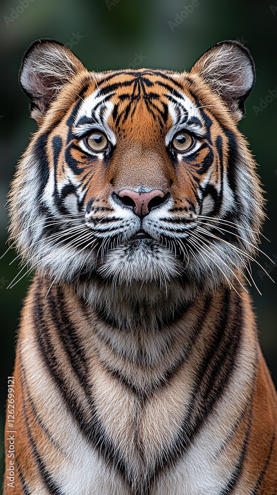 Obraz premium Close-up of a tiger showcasing its large face and striking features in a natural habitat setting