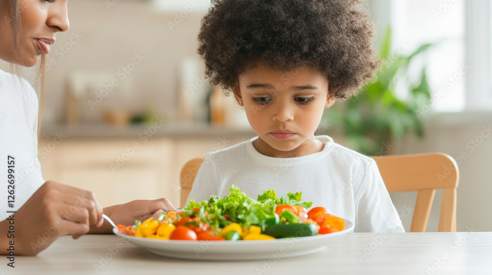 Child pondering healthy salad, vibrant vegetables in kitchen setting. Promoting nutritious eating habits for kids, family mealtime inspiration. Child pondering healthy salad, vibrant vegetables in kitchen setting. Promoting nutritious eating habits for kids, family mealtime inspiration.