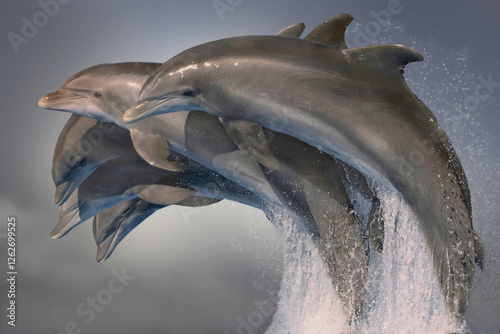 Große Tümmler (Tursiops truncatus) Gruppe springt aus dem Wasser 