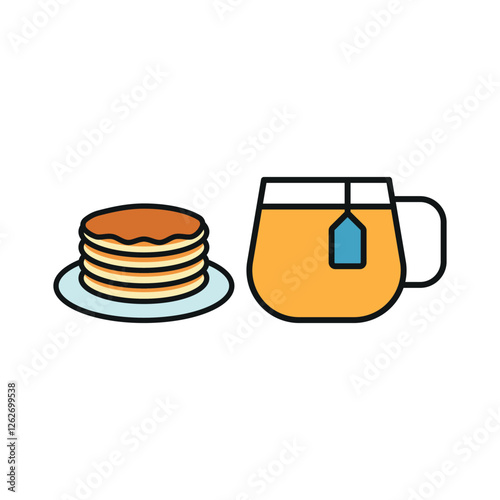 Tea and pancake set icon represents a cozy and classic breakfast pairing, perfect for café branding, bakery menus, brunch promotions, and warm beverage visuals.