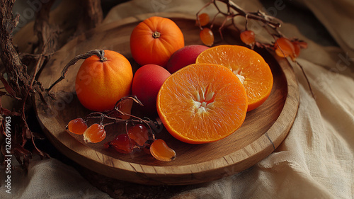 orange, food, fruit, pumpkin, citrus, tangerine, healthy, christmas, fresh, autumn, mandarin, sweet, decoration, wood, vegetable, holiday, juicy, diet, closeup, ripe, dessert, nature, leaf, thanksgivi photo