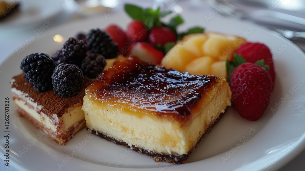 Indulge in a Luxurious Dessert Trio at a Fine Dining Restaurant A Creamy Delight of Creme Brulee and Tiramisu