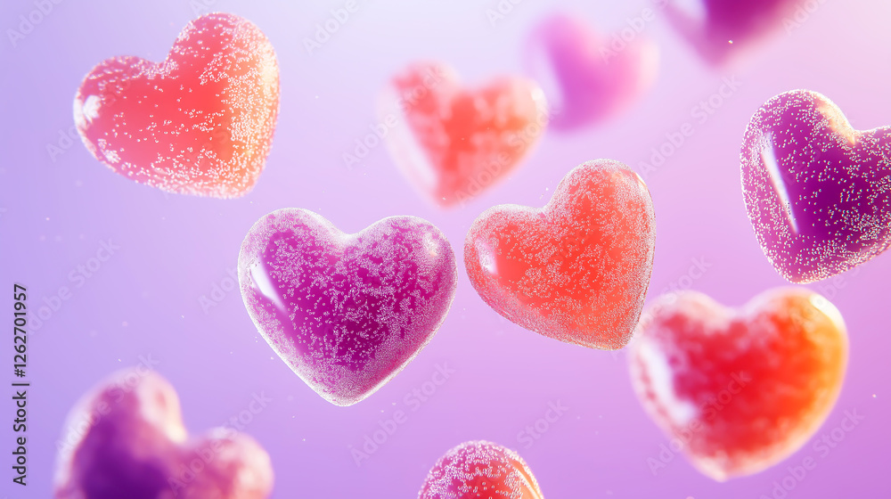 Group of heart shaped gummy candies flying around in the in the middle on purple background Group of heart shaped gummy candies flying around in the in the middle on purple background