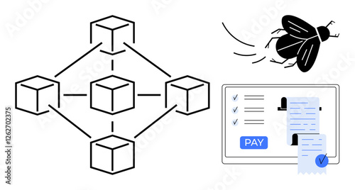 Blockchain network represented by interconnected cubes, digital payment invoice displayed on screen with pay button, flying bug indicating software error. Ideal for fintech, cryptocurrency