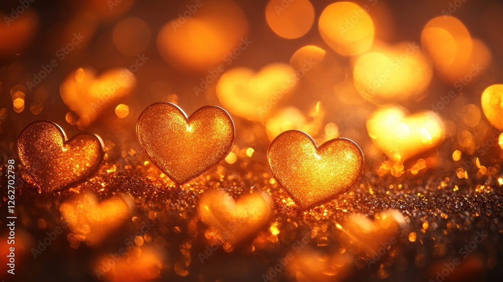 Fototapeta premium Luminous golden hearts fading into a blurred fest abstract art dreamy atmosphere close-up view