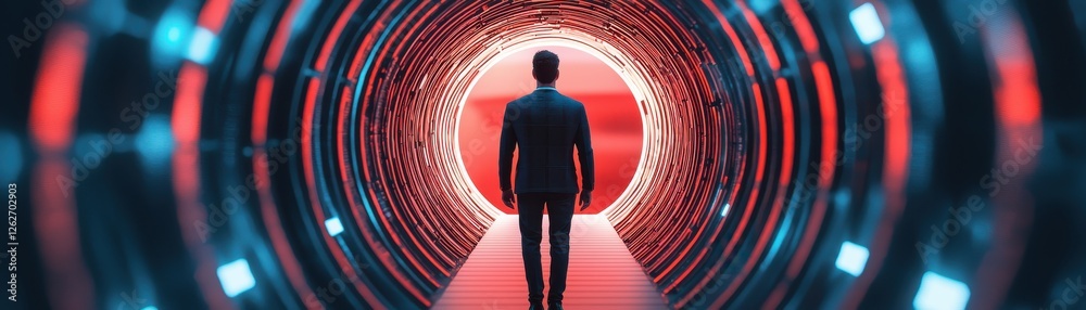 custom made wallpaper toronto digital2D concepts that lead business people to success. A silhouette of a man walks through a futuristic tunnel illuminated by vibrant red and blue lights, creating a sci-fi atmosphere.