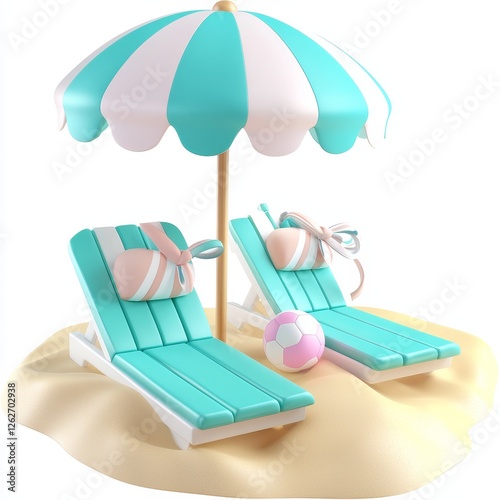 A summer holiday scene inclusive of a Beach Chair, Blue Umbrella, and a Ball, reflecting the Time to travel theme