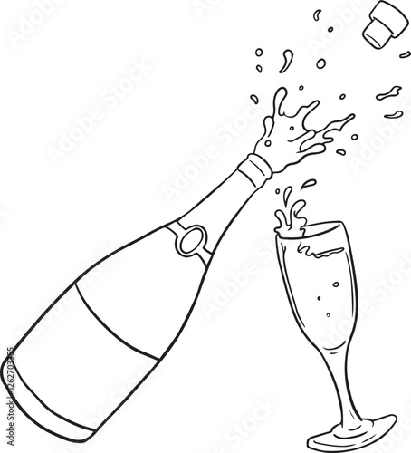 Hand drawn outline sketch of champagne bottle and glasses. Vector illustration. Image for any kind of celebration. Vector set
