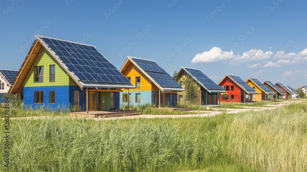 Modern eco-friendly homes with solar panels line a sunny street in a sustainable community Modern eco-friendly homes with solar panels line a sunny street in a sustainable community