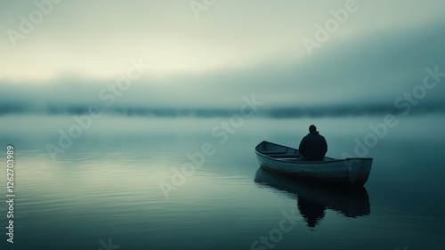 Solitary fisherman in a small boat at dawn tranquil lake nature photography reflective mood photo