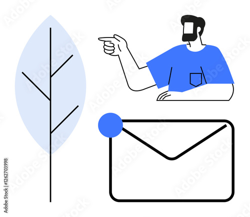 Minimalist linear design featuring a pointing figure in a blue shirt, abstract leaf, and envelope. Ideal for communication, eco-friendly practices, email campaigns, nature, human interaction