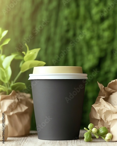 Stylish coffee cup surrounded by lush greenery and eco-friendly materials. photo