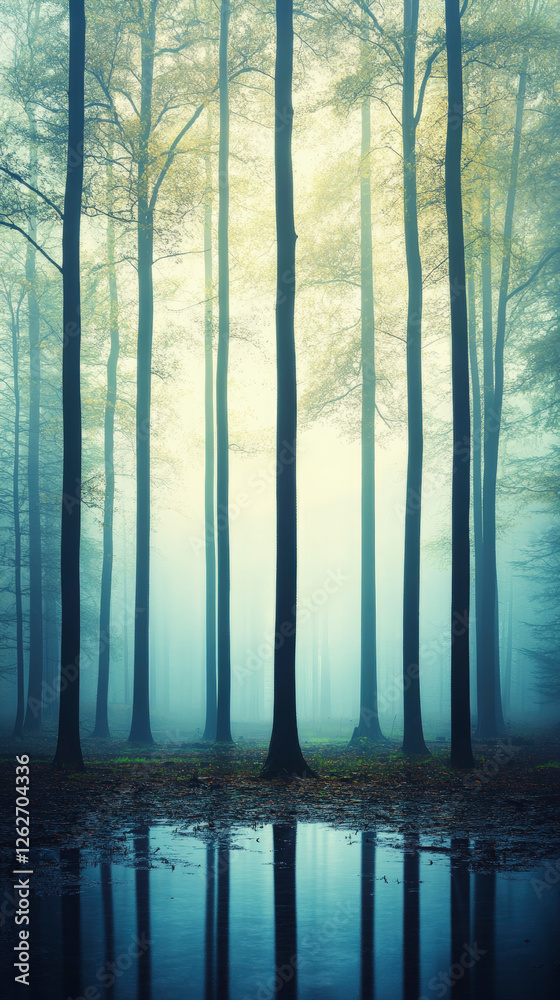 Obraz premium Enchanting forest scene with tall trees and serene mist, offering a tranquil escape into nature's calming beauty and serenity.