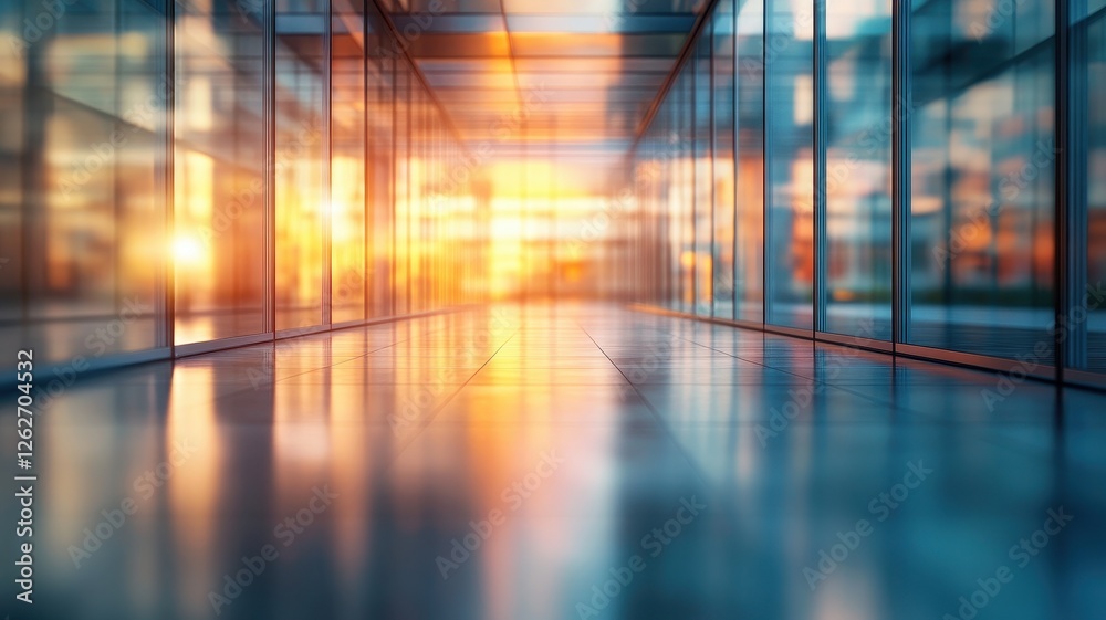 Fototapeta premium Sunset reflections in a bright modern office urban environment photograph glass structure viewpoint