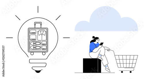Woman looks at her mobile phone next to a shopping cart, while a light bulb shows organized clothing. Ideal for e-commerce, shopping, innovation, fashion, online business, organization, creativity in