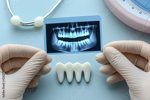 Dentist Examining Dental X-Ray and Dental Models photo