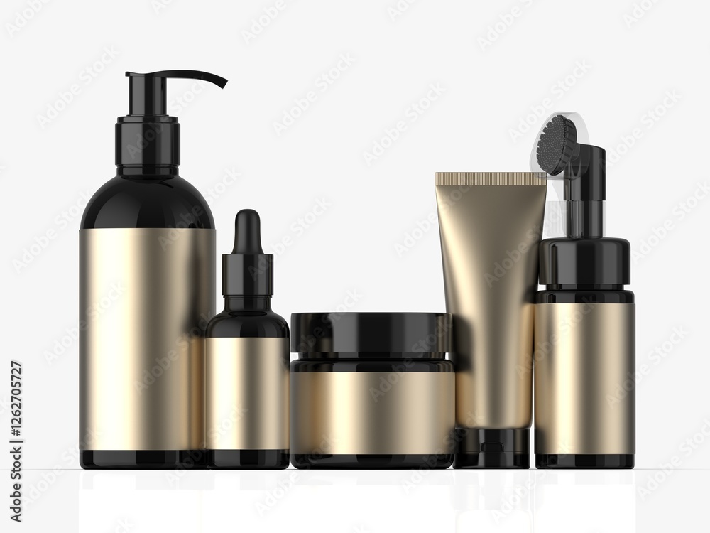 Blank cosmetic container mockup template, including jar, pump bottle, cream tube, and dropper 3d template illustration. Blank cosmetic container mockup template, including jar, pump bottle, cream tube, and dropper 3d template illustration.