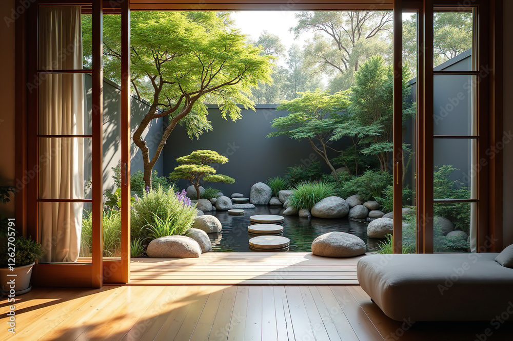 Fototapeta premium Modern Zen Courtyard with Koi Pond, Stepping Stones, and Open Glass Doors