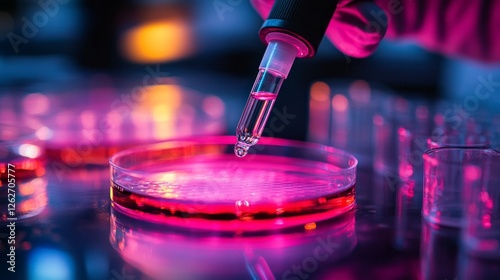 Close-up view of a scientist in a laboratory carefully using a pipette to transfer a small quantity of liquid into a petri dish, showcasing precision in scientific research. photo