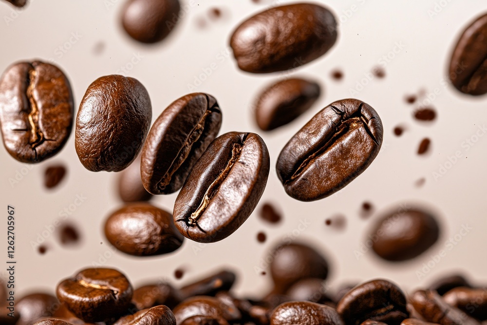 Fototapeta premium Floating coffee beans on a simple PNG background. Stock
