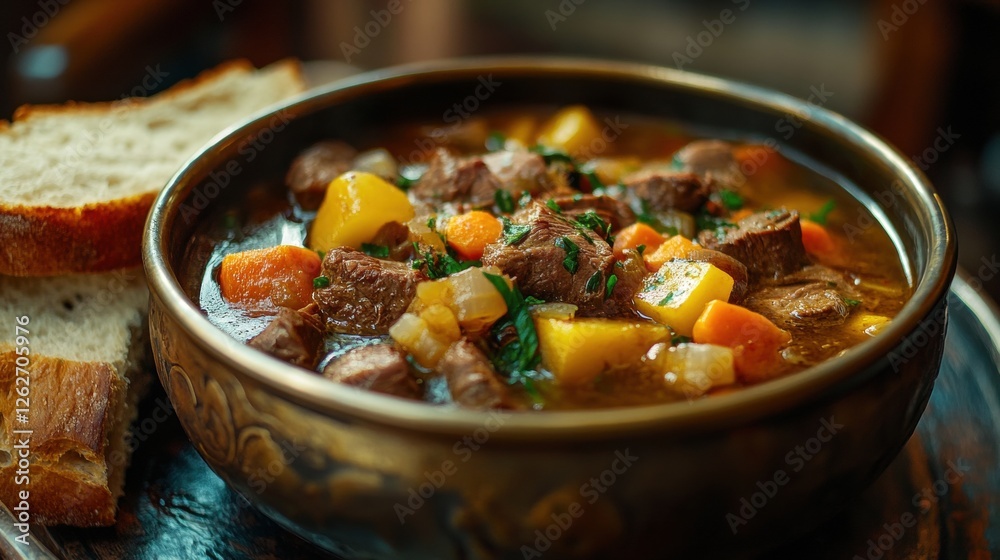 Savoring Rich Venison Stew in Antique Bronze Bowl Rustic Kitchen Food Experience Cozy Atmosphere Culinary Delight Savoring Rich Venison Stew in Antique Bronze Bowl Rustic Kitchen Food Experience Cozy Atmosphere Culinary Delight