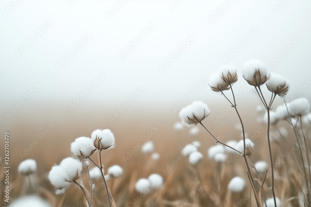 Organic cotton field in soft white haze with isolated blooms against a gentle background Organic cotton field in soft white haze with isolated blooms against a gentle background