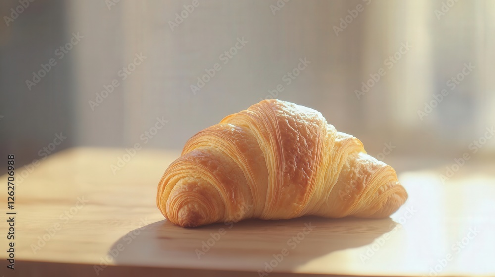 Freshly baked croissant resting on a wooden table with soft morning light illuminating the scene Freshly baked croissant resting on a wooden table with soft morning light illuminating the scene