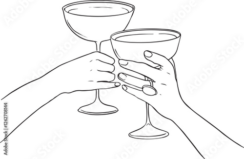 Hand drawn outline sketch of two hands clinking champagne or cocktail glasses in a celebratory toast. Perfect for party, wedding, New Year, or special occasion designs.