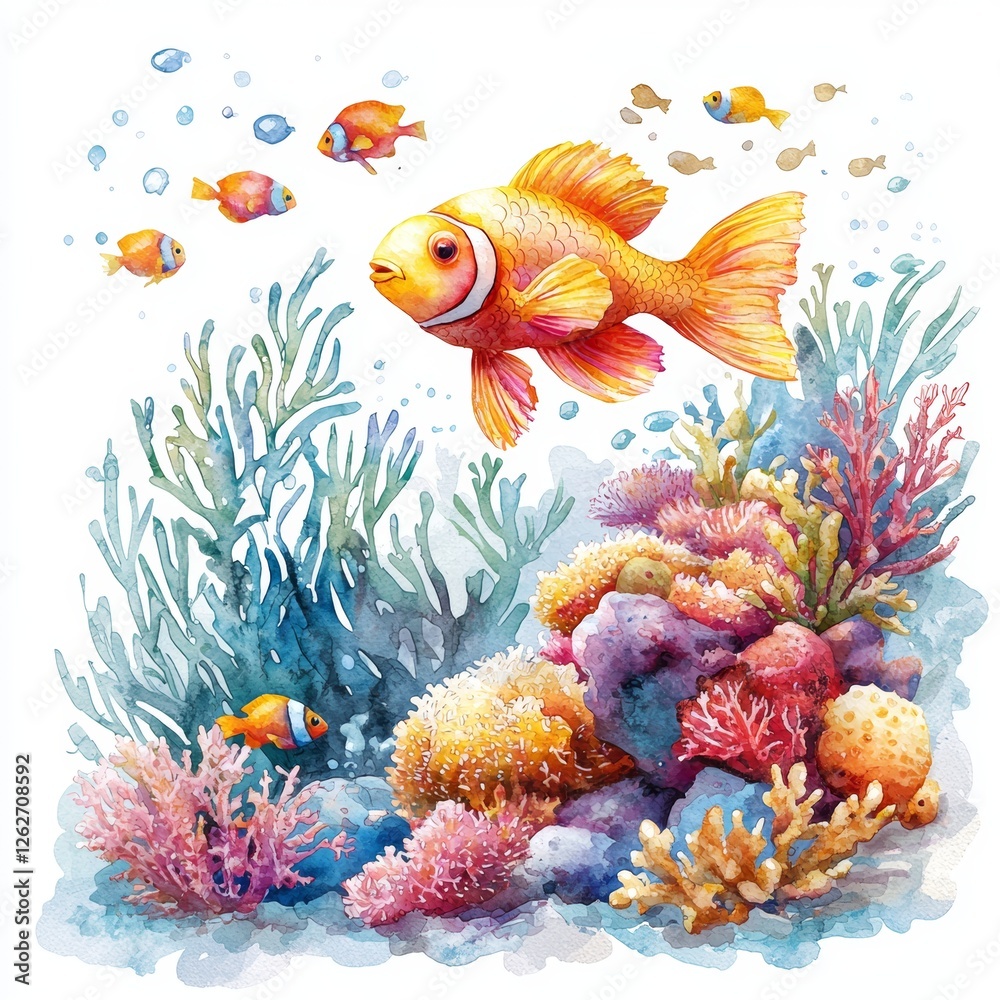 Fototapeta premium A beautiful, colorful underwater watercolor illustration with a deep white background, ideal for print designs.