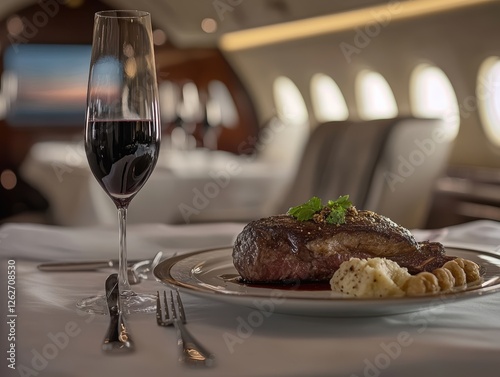Savoring Ribeye Steak with Petrus Pomerol Truffle Sides Private Jet Dining Experience Gourmet Cuisine Upscale Ambiance Culinary Delight