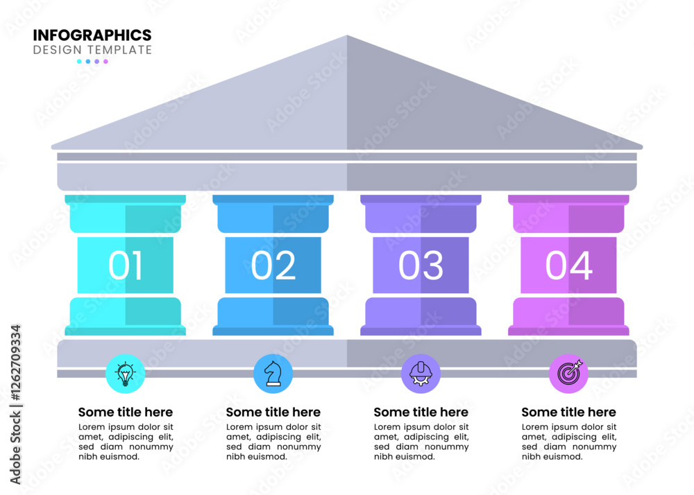 Infographics template. 4 pillars with numbers and icons