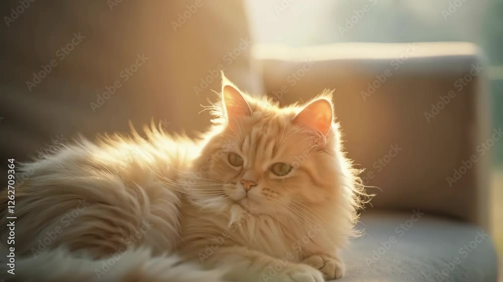 Fluffy ginger cat lounging in the sunlight on a cozy sofa, relaxed mood, warm indoor setting. Domestic cat face. Sunny day pet.