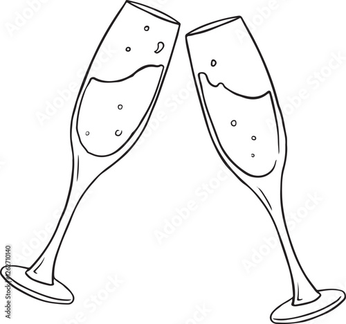Hand drawn outline sketch of champagne glasses. Vector illustration. Image for any kind of celebration. Vector set