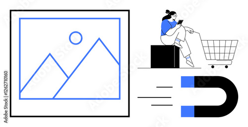 Image of mountains and sun in a frame, a person sitting with a tablet near a shopping cart, and a magnet. Ideal for digital marketing, e-commerce, customer engagement, online shopping, attraction