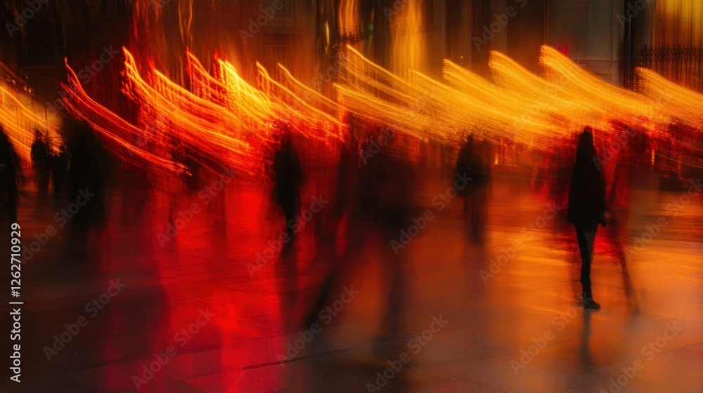 Obraz premium Abstract city lights with blurred motion captures the essence of urban nightlife, featuring warm tones of red and orange reflecting energy and movement