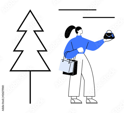 Woman holding a handbag and shopping bags, wearing wide pants and blue top, next to a triangular tree and abstract lines. Ideal for retail, fashion, lifestyle, holiday, consumerism, abstract art
